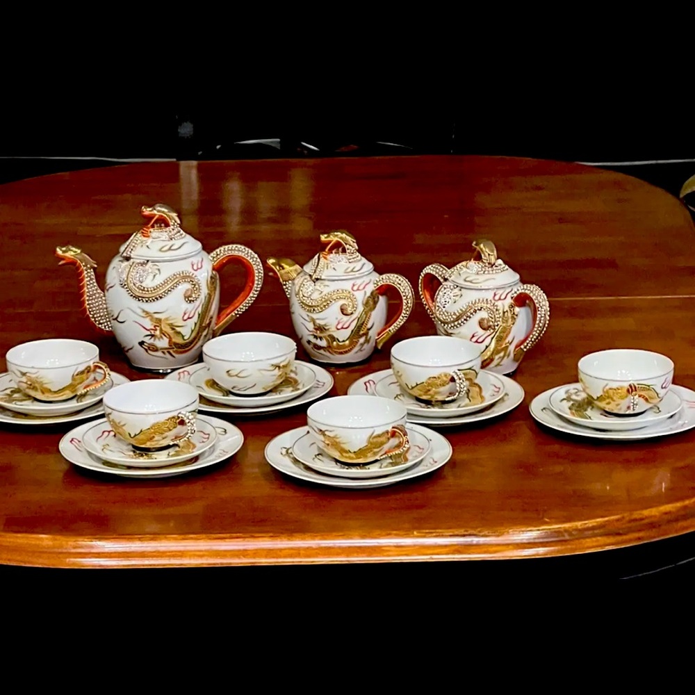 Rare Antique C 1920's Meijyo Kutani Japan Dragon 6 Place Tea Cup Set 24 pc MINT